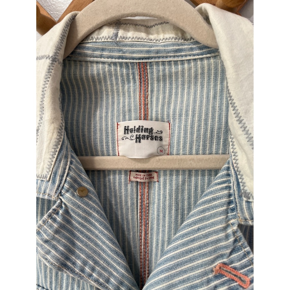 Holding Horses Anthropologie Striped Patchwork Chore Jacket Blue Cream Size M - Picture 4 of 8
